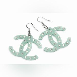 CC Mint Green Rhinestone Double C Logo Acrylic Drop Earrings NEW